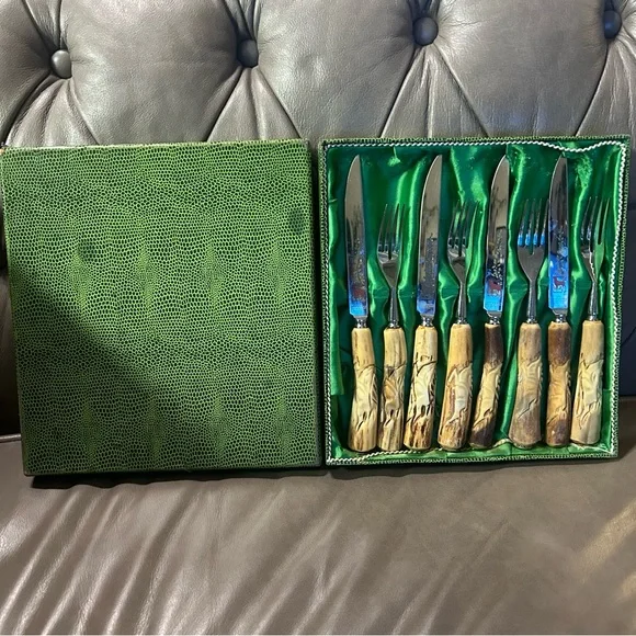 💥SOLD💥 Anton Wingen Solingen Germany Carved Antler 8pc Knife Fork Set Flatware - Picture 4 of 13